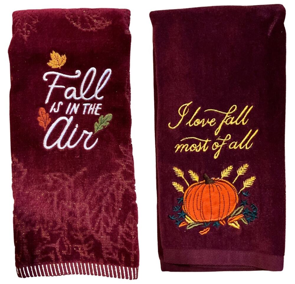 Set of 2 Celebrate Fall Together Hand Kitchen Bath Towels Burgundy Embordered
